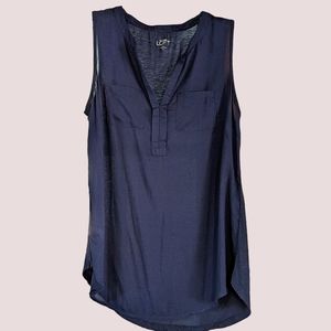 LOFT Dark Navy Blue Sleeveless Silky V- Neck Blouse with Pockets